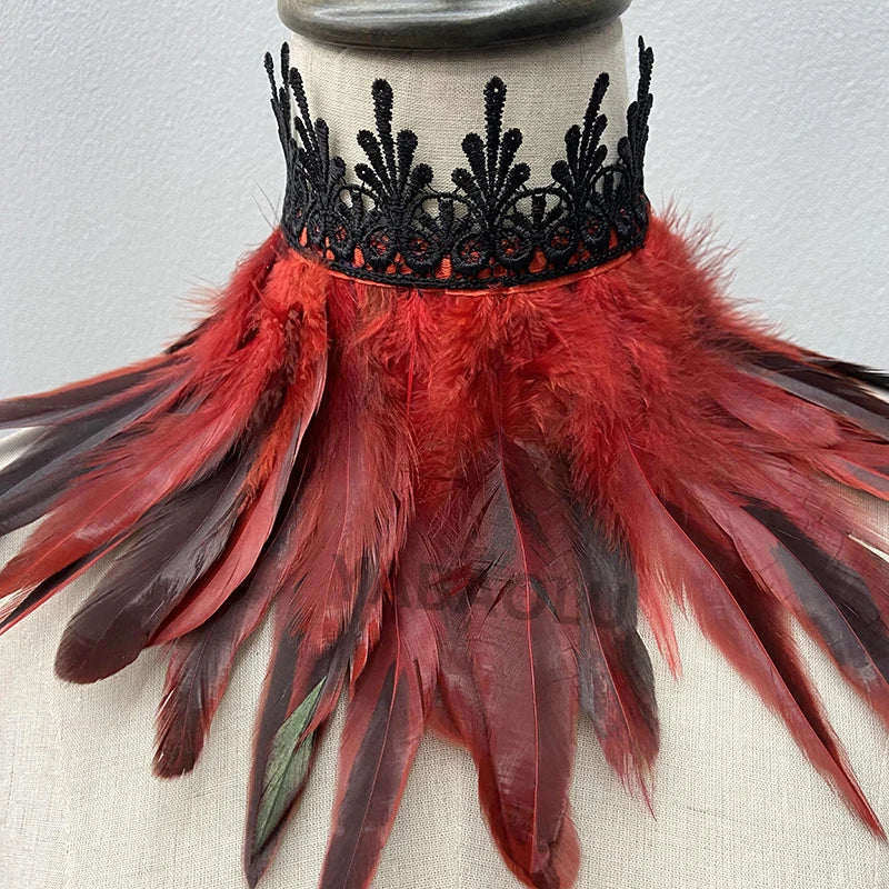 Black Feather Choker Collar Sexy Lace Women Neck Cover Punk Cape Shawl Party Cosplay Natural Feather With Lace Fake Collar