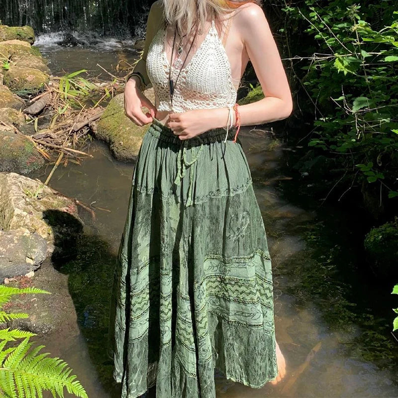 2000s Women's Clothing Trendy Vintage Skirt, Retro Print High Waist Lace-Up Female Midi Skirt for Party Vacation