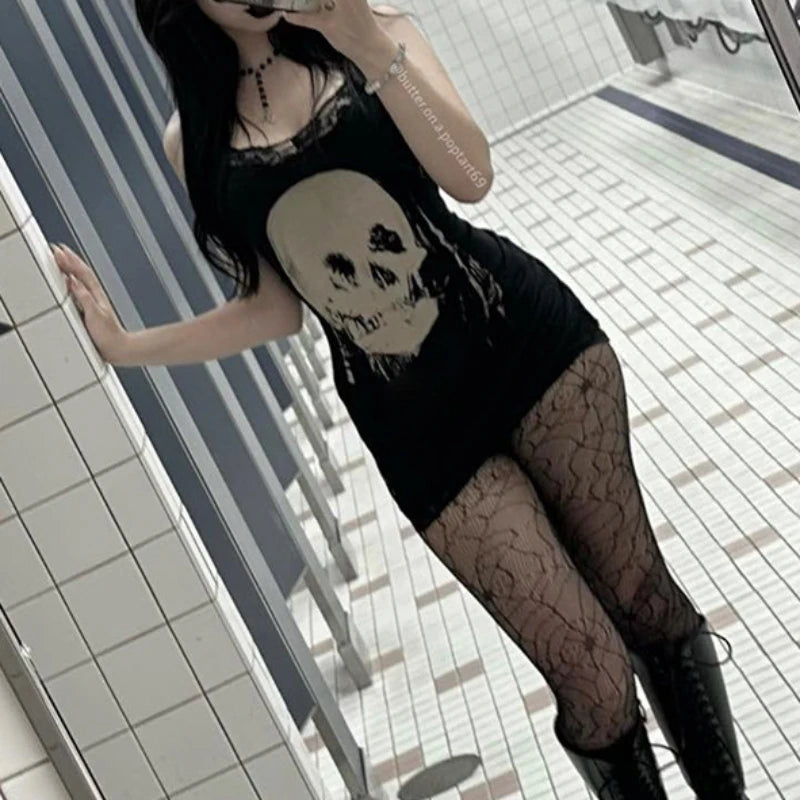 2024 New Retro Punk Gothic Dress Women Streetwear Harajuku Skull Printed Sleeveless High Waist Bodycon Dress Grunge Rave Outfits