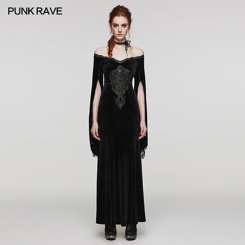 PUNK RAVE Women's Gothic Delicate Gorgeous Large Decal V-neck Dress Elastic Velvet Party Club Long Dresses Women Clothing