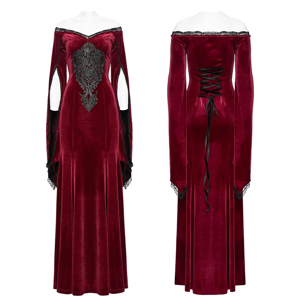 PUNK RAVE Women's Gothic Delicate Gorgeous Large Decal V-neck Dress Elastic Velvet Party Club Long Dresses Women Clothing