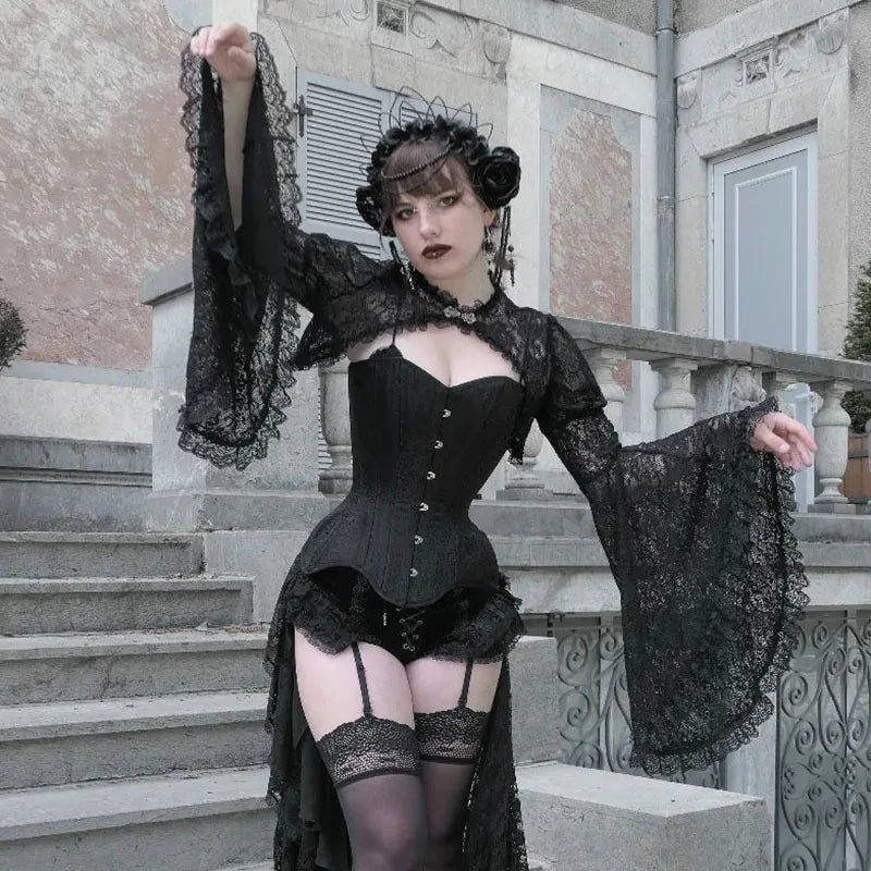 Lace Mall Gothic See Through Shrug Tops Grunge Aesthetic Black Flare Sleeve Crop Top Women Vintage Punk Sexy Clothing