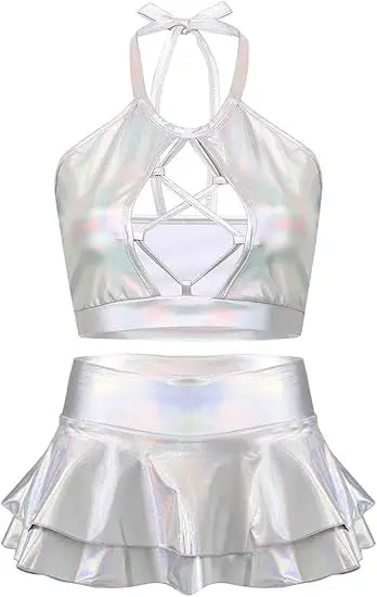 Women's Rave Outfit Sets for Festivals 2 Pcs Metallic Tops Skirt Party Club Holographic Shiny Metallic Costume Stage Cos