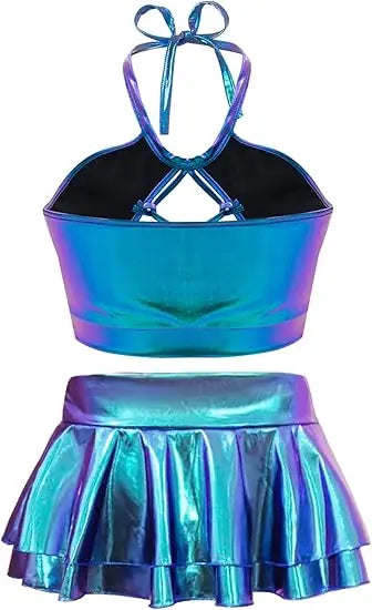 Women's Rave Outfit Sets for Festivals 2 Pcs Metallic Tops Skirt Party Club Holographic Shiny Metallic Costume Stage Cos