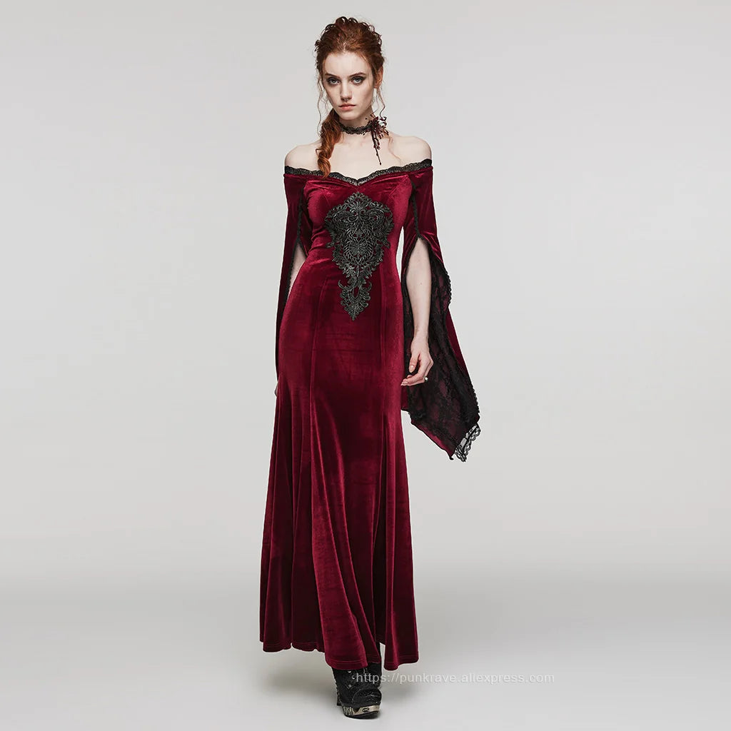 PUNK RAVE Women's Gothic Delicate Gorgeous Large Decal V-neck Dress Elastic Velvet Party Club Long Dresses Women Clothing