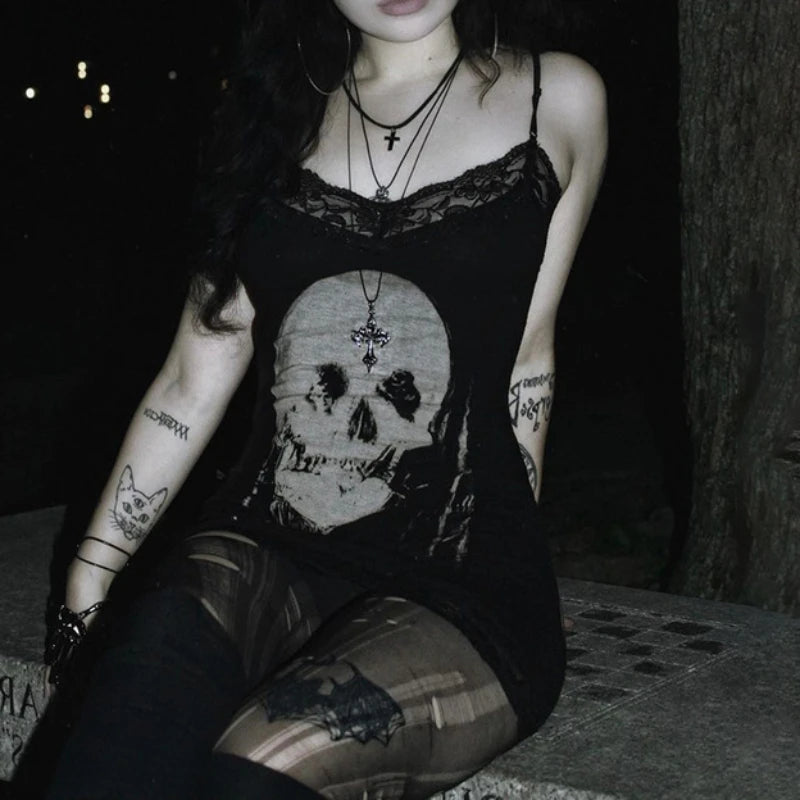 2024 New Retro Punk Gothic Dress Women Streetwear Harajuku Skull Printed Sleeveless High Waist Bodycon Dress Grunge Rave Outfits