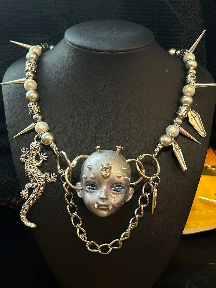 ZHUHE Face Doll Necklace Set New Gothic Style Jewelry Party Gift For Women And Men