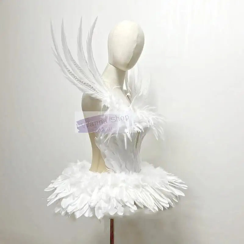 Sexy Rave Festival Outfit Women Swan Feather Angel Dress Drag Queen Fantasy Carnival Halloween Gogo Dancer Costume