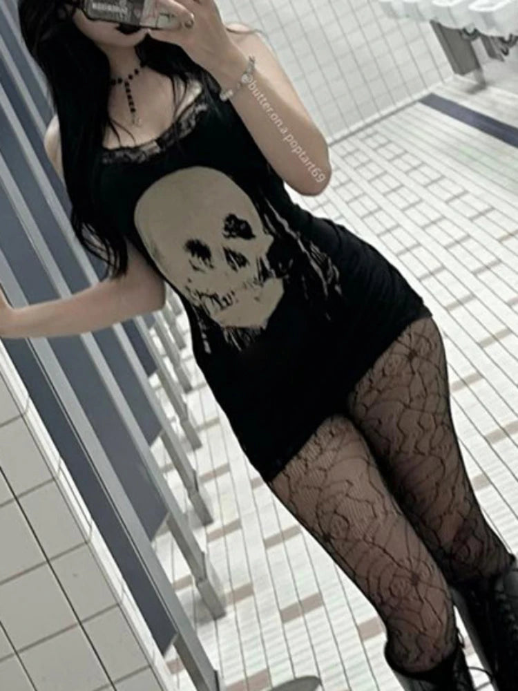 2024 New Retro Punk Gothic Dress Women Streetwear Harajuku Skull Printed Sleeveless High Waist Bodycon Dress Grunge Rave Outfits