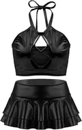 Women's Rave Outfit Sets for Festivals 2 Pcs Metallic Tops Skirt Party Club Holographic Shiny Metallic Costume Stage Cos
