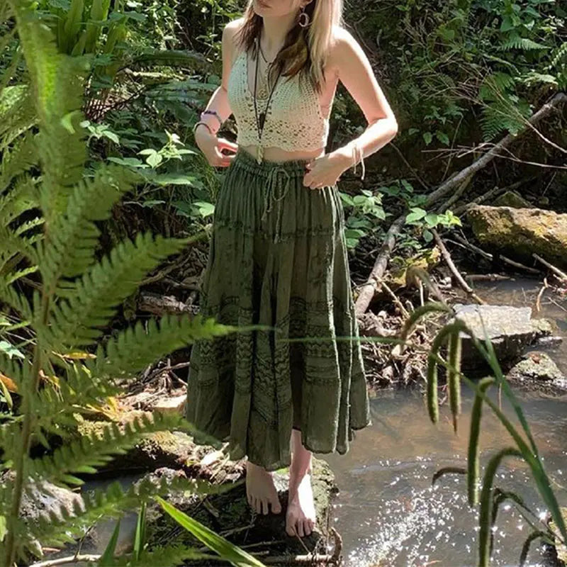 2000s Women's Clothing Trendy Vintage Skirt, Retro Print High Waist Lace-Up Female Midi Skirt for Party Vacation