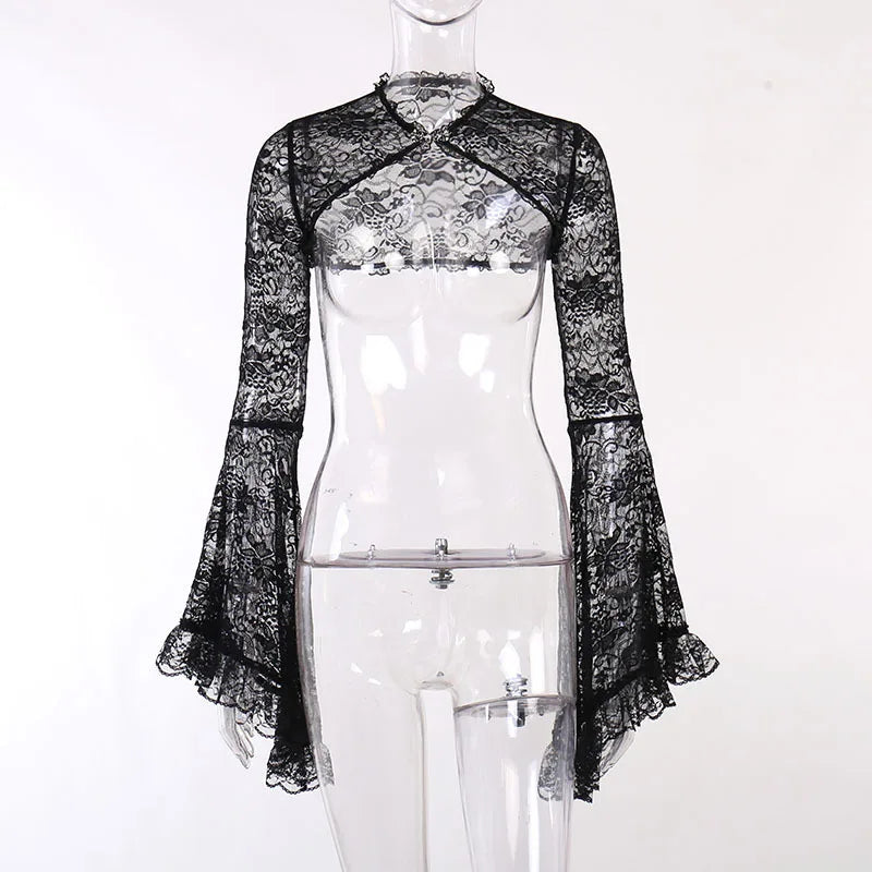 Lace Mall Gothic See Through Shrug Tops Grunge Aesthetic Black Flare Sleeve Crop Top Women Vintage Punk Sexy Clothing