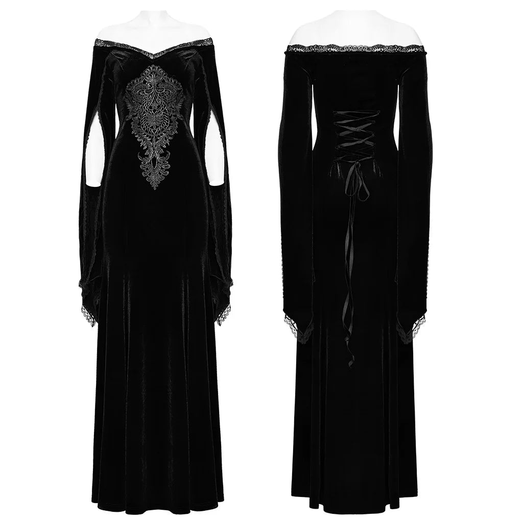 PUNK RAVE Women's Gothic Delicate Gorgeous Large Decal V-neck Dress Elastic Velvet Party Club Long Dresses Women Clothing