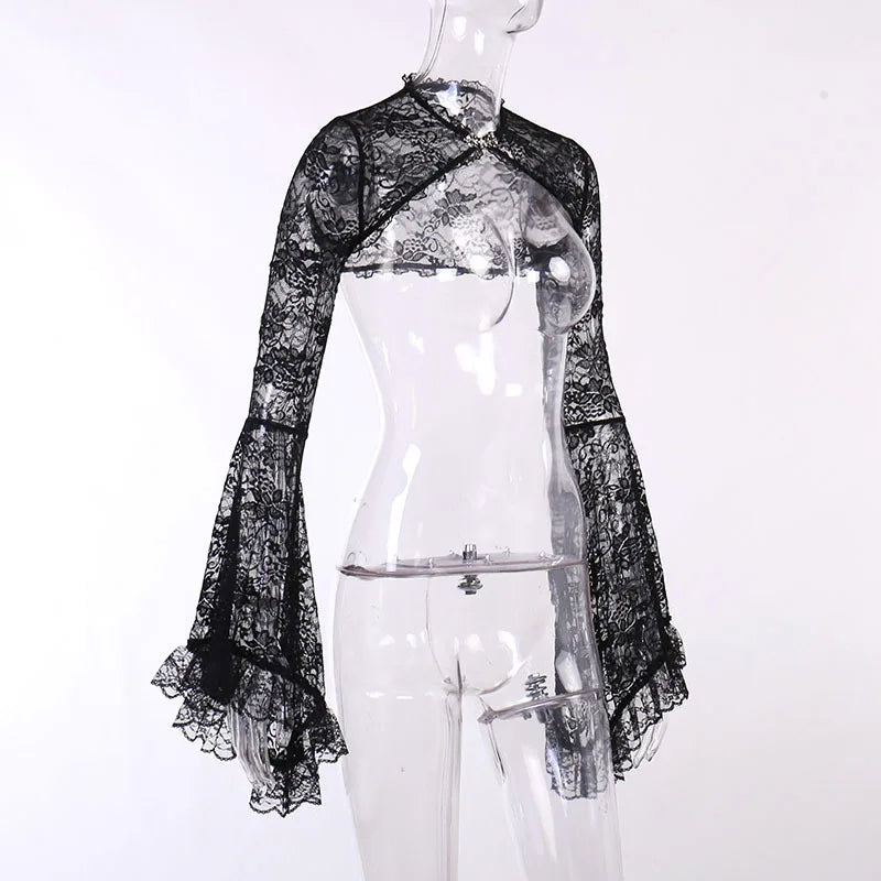 Lace Mall Gothic See Through Shrug Tops Grunge Aesthetic Black Flare Sleeve Crop Top Women Vintage Punk Sexy Clothing