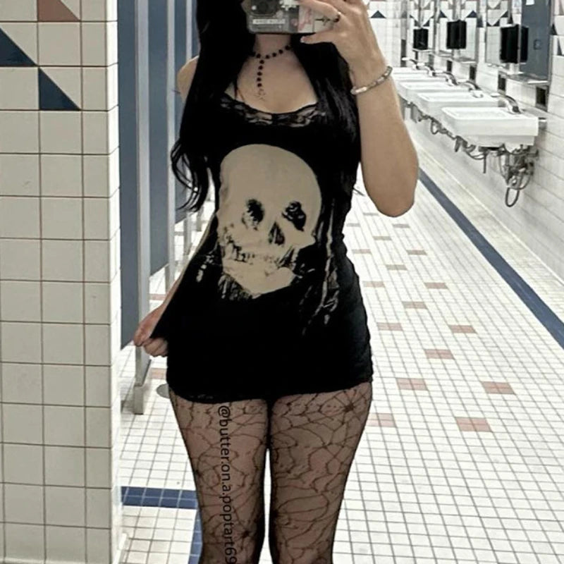 2024 New Retro Punk Gothic Dress Women Streetwear Harajuku Skull Printed Sleeveless High Waist Bodycon Dress Grunge Rave Outfits