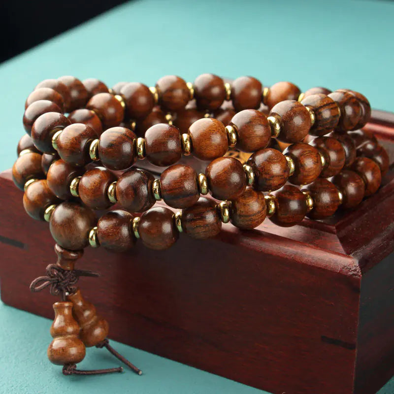 Natural Wood 108 Buddha Beads with Yellow Flower Pear