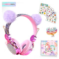 SVYHUOK Girls Purple Pompon Wired HeadphonesCute Cat Ear Kids Game Headset for Teens Tablet Laptop PCOver Ear Children Headset withMicfor School Birthday Xmas Gifts