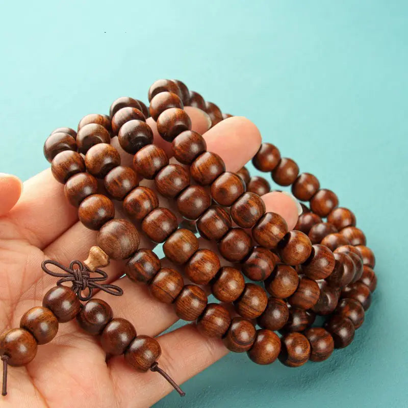 Natural Wood 108 Buddha Beads with Yellow Flower Pear